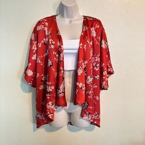 Forever 21 Red Cherry Blossom Floral Satin Kimono Size S